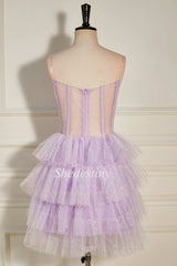 Lavender Tulle Sequin Strapless Tiered Short Party Dress with Ruffles