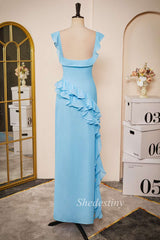 Light Blue Ruffle Square Neck Long Bridesmaid Dress with Slit