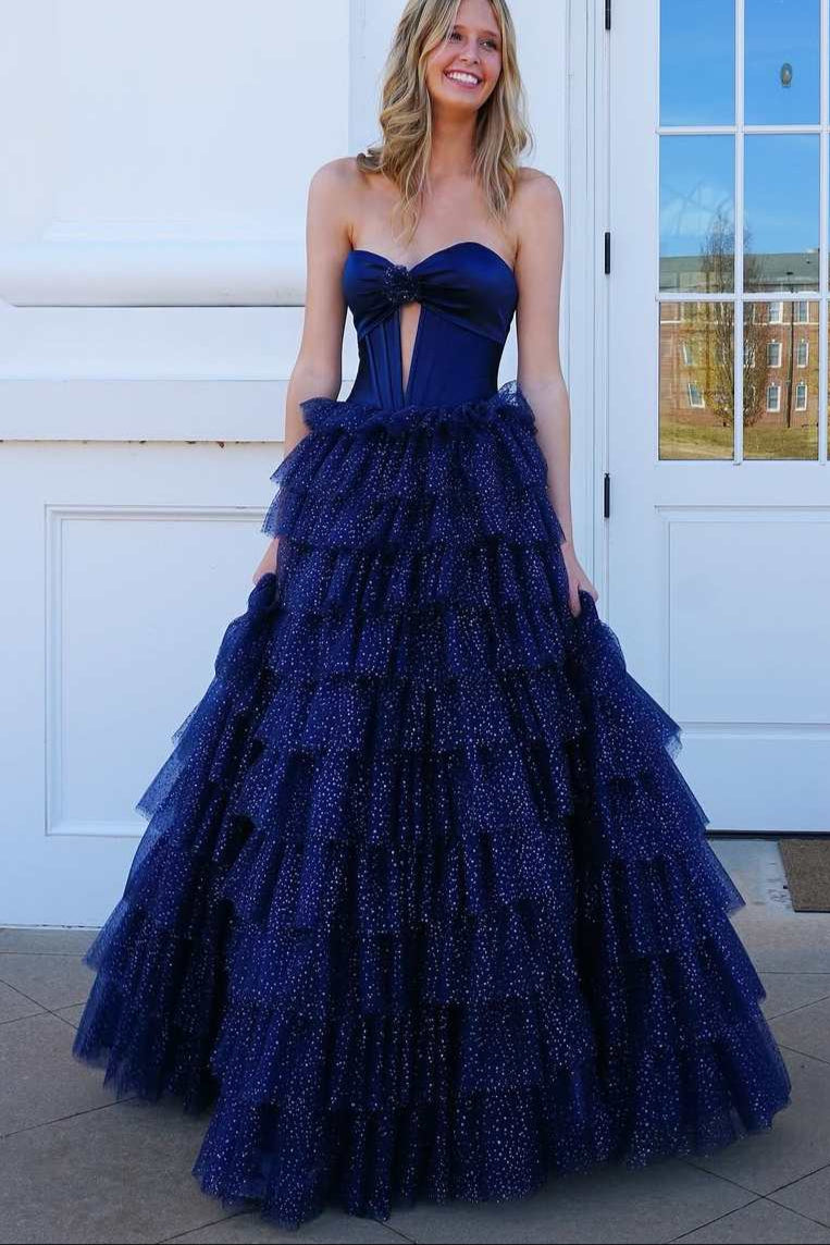 Shiny A-Line Navy Strapless Tiered Ruffle Elegant Prom Gown