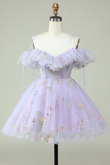 Lavender Floral Embroidery Cold-Shoulder Ruffle A-Line Homecoming Dress