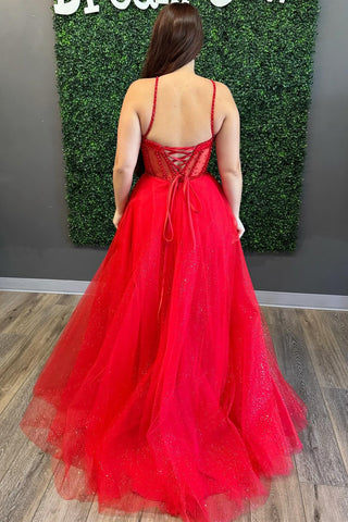 Red Tulle Beaded Sweetheart A-Line Long Prom Dress