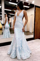 Light Blue Deep V-Neck Mermaid Sequin Prom Dress with V-Back