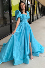 Magenta Notched Neck Puff Sleeve Bow Back Prom Gown