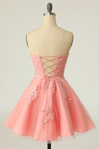 Pink Tulle Appliques Strapless A-Line Short Party Dress