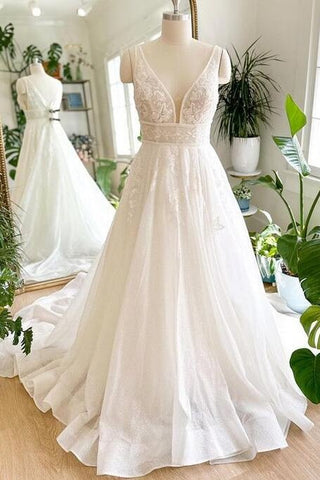 Boho Applique A-Line V-Neck Long Wedding Dress with V-Back