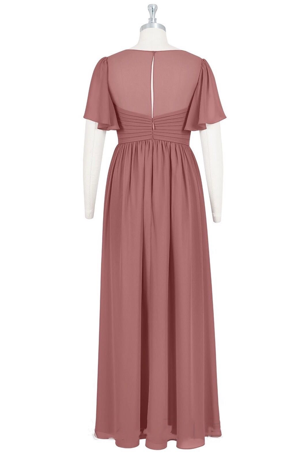 Dusty Pink V Neck Butterfly Sleeves Chiffon Long Bridesmaid Dress