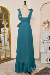 Emerald Tie-Strap Belted Ruffle A-Line Long Dress