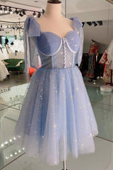 Cute Sky Blue Sweetheart A-Line Party Dress with Buttons