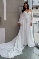 White Off-the-Shoulder Chiffon Long Sleeves Long Wedding Dress