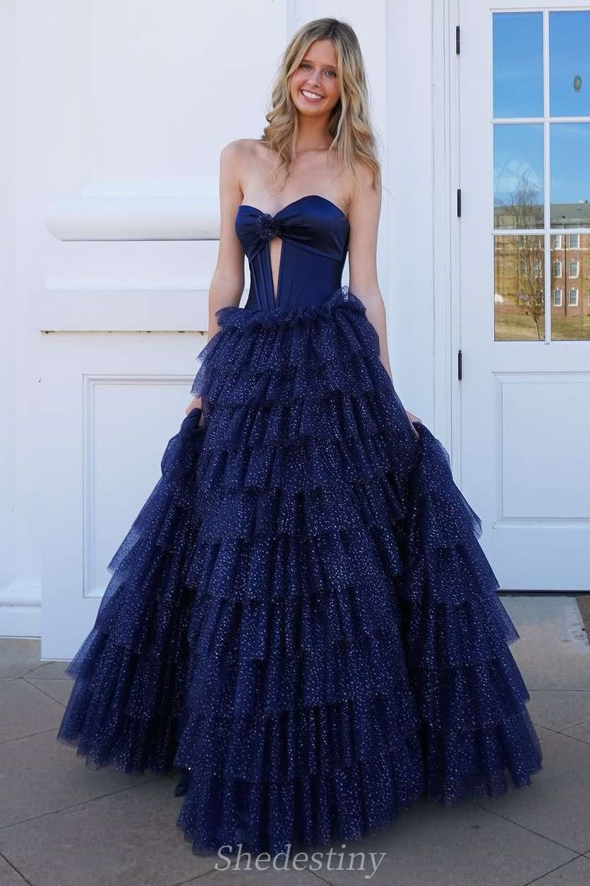 Shiny A-Line Navy Strapless Tiered Ruffle Elegant Prom Gown