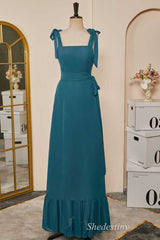 Emerald Tie-Strap Belted Ruffle A-Line Long Dress