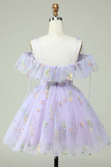 Lavender Floral Embroidery Cold-Shoulder Ruffle A-Line Homecoming Dress