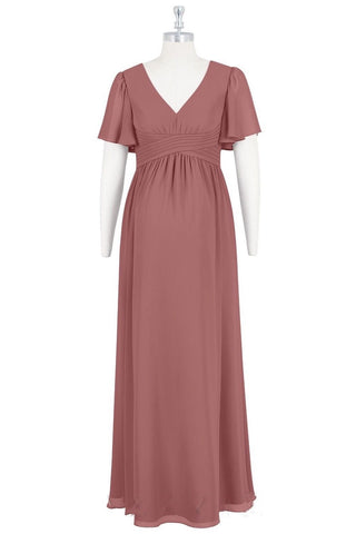 Dusty Pink V Neck Butterfly Sleeves Chiffon Long Bridesmaid Dress