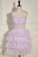 Lavender Tulle Sequin Strapless Tiered Short Party Dress with Ruffles