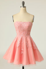 Pink Tulle Appliques Strapless A-Line Short Party Dress