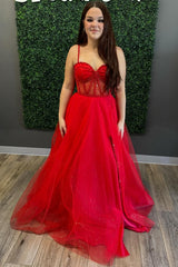 Red Tulle Beaded Sweetheart A-Line Long Prom Dress