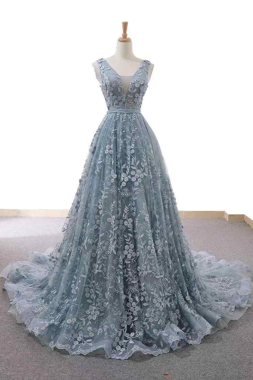 Dusty Blue A-Line Applique V Neck Sleeveless Lace Ball Gown