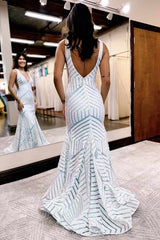 Deep V-Neck Mermaid Light Blue Sequin Prom Dress with V-Back