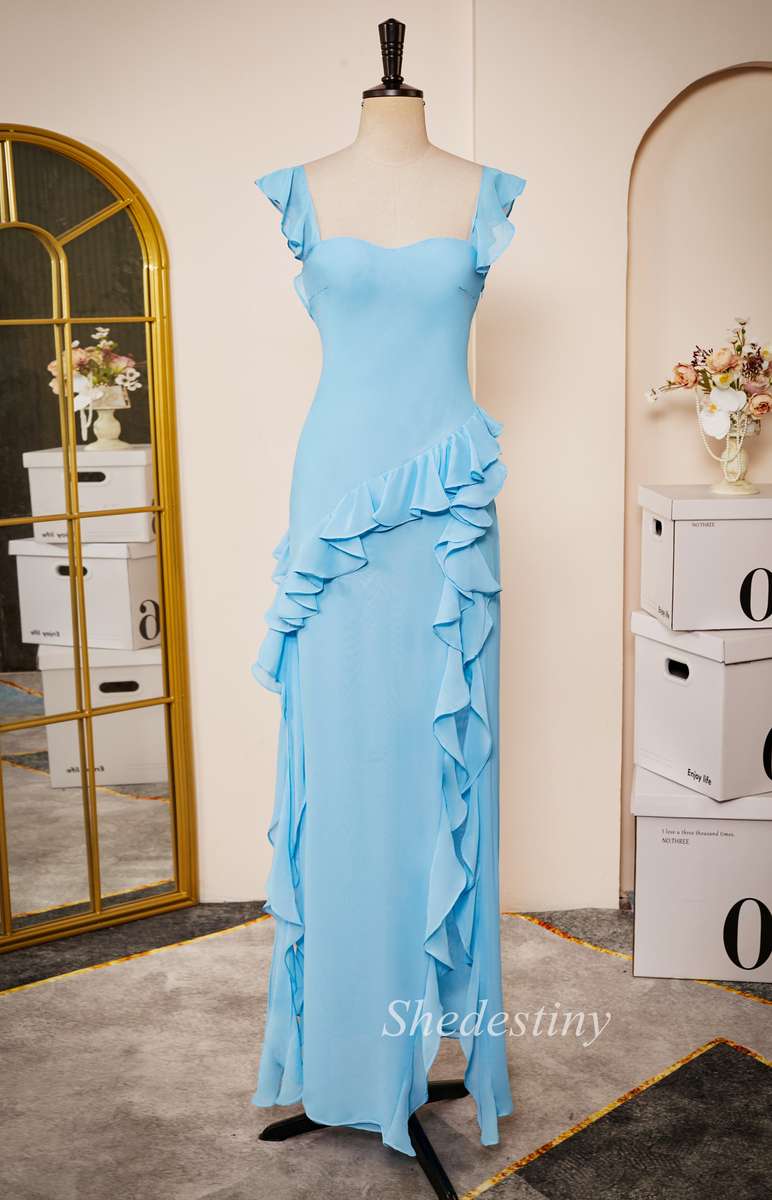 Light Blue Ruffle Square Neck Long Bridesmaid Dress with Slit