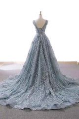 A-Line Applique V Neck Dusty Blue Sleeveless Lace Ball Gown