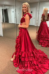 A-Line V Neck Red Satin Prom Dress with Slit