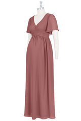 Dusty Pink V Neck Butterfly Sleeves Chiffon Long Bridesmaid Dress