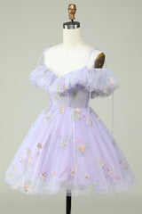 Lavender Floral Embroidery Cold-Shoulder Ruffle A-Line Homecoming Dress