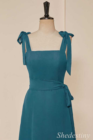 Emerald Tie-Strap Belted Ruffle A-Line Long Dress