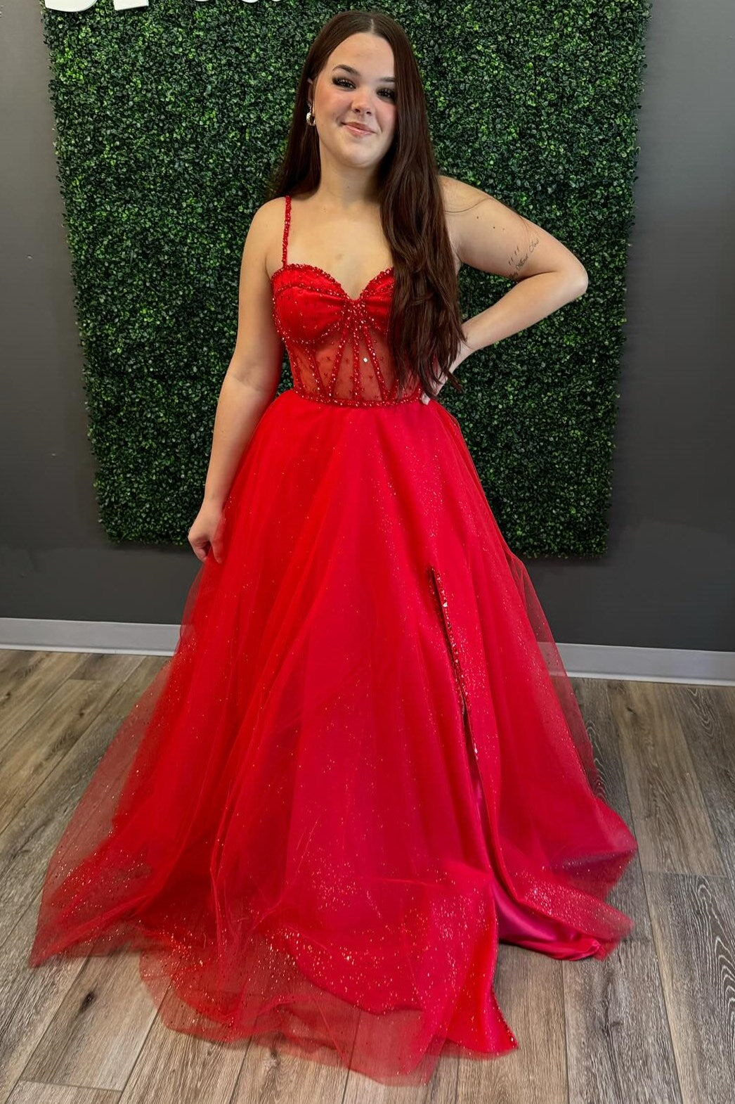 Red Tulle Beaded Sweetheart A-Line Long Prom Dress