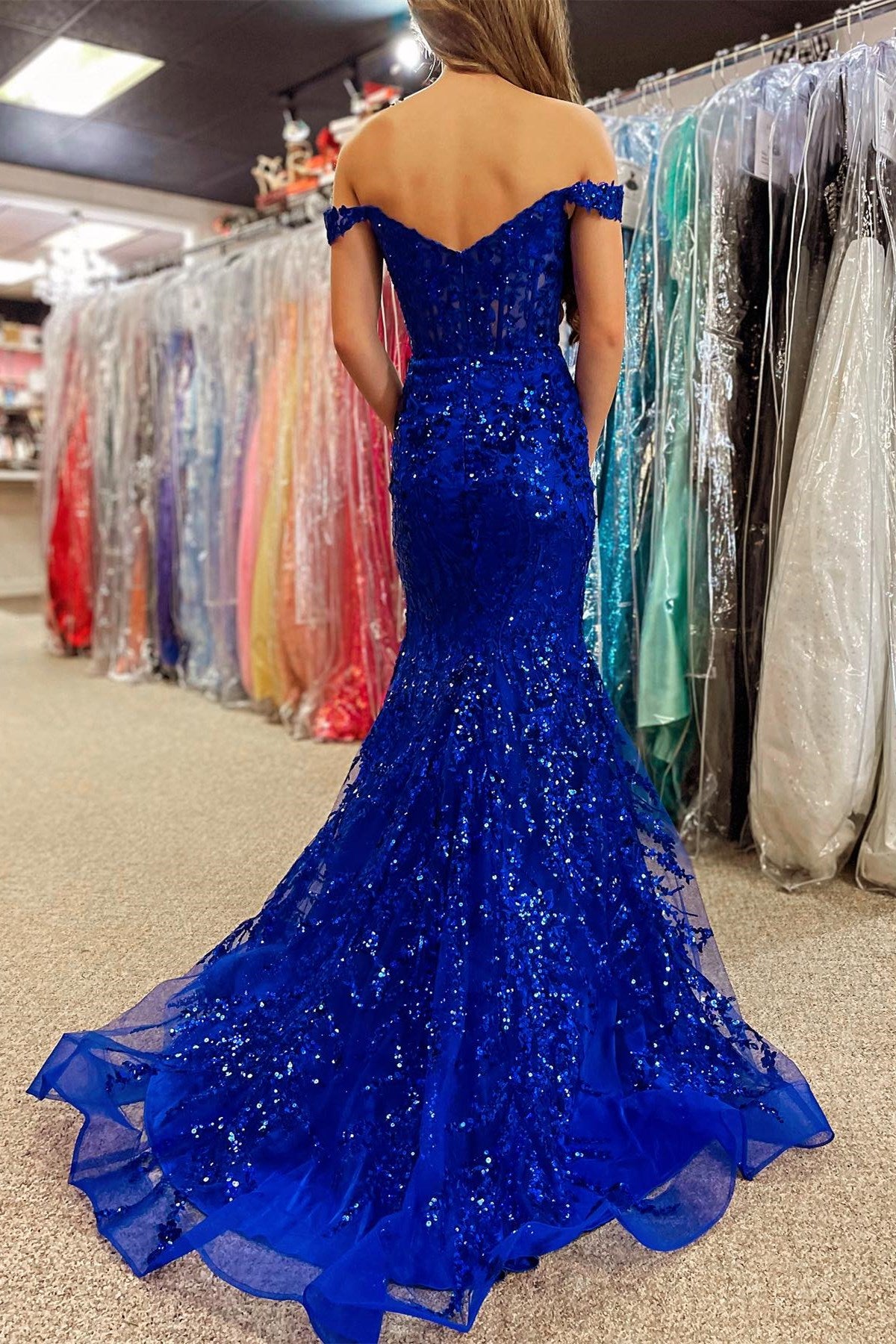 Gold Sequin Lace Off-the-Shoulder Mermaid Long Dress with Slit