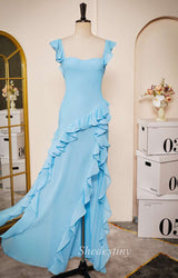 Light Blue Ruffle Square Neck Long Bridesmaid Dress with Slit