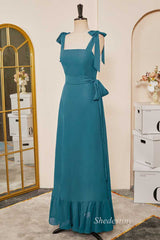 Emerald Tie-Strap Belted Ruffle A-Line Long Dress