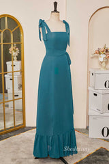 Emerald Tie-Strap Belted Ruffle A-Line Long Dress