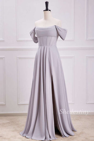 Gray Off-the-Shoulder Long Dress with Slit