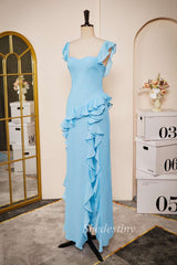 Light Blue Ruffle Square Neck Long Bridesmaid Dress with Slit