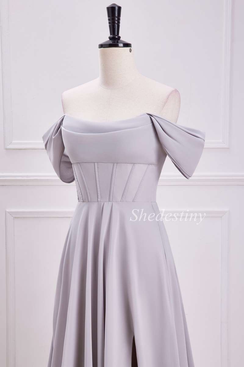 Gray Off-the-Shoulder Long Dress with Slit