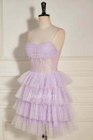 Lavender Tulle Sequin Strapless Tiered Short Party Dress with Ruffles