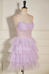 Lavender Tulle Sequin Strapless Tiered Short Party Dress with Ruffles