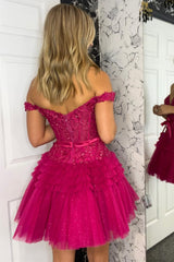 Pink Tulle Off-the-Shoulder Bow Tiered Short Party Dress with Ruffles