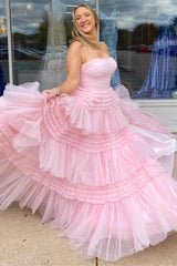 Periwinkle Strapless Tulle Multi-Layers Long Prom Dress with Slit