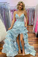 Floral Print V-Neck Tiered A-Line Prom Dress with Slit