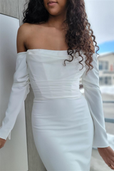 White Off-the-Shoulder Mermaid Satin Long Sleeves Long Wedding Dress