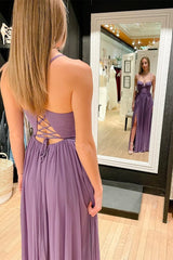 Lavender Spaghetti Strap Lace-Up A-Line Long Bridesmaid Dress