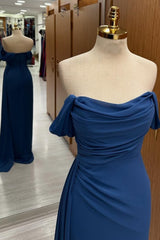 Navy Sheath Off the Shoulder Fashion Ladies Elegant Long Dress