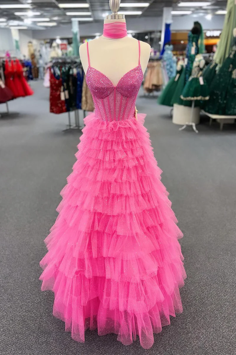 A-Line Spaghetti Straps Tiered Ruffles Hot Pink Tulle Prom Dress