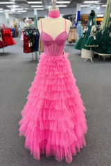 A-Line Spaghetti Straps Tiered Ruffles Hot Pink Tulle Prom Dress