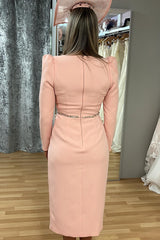 Dusky Pink Surplice Tulip Tea-Length Gown with Sleeves