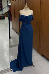 Off the Shoulder Navy Sheath Fashion Ladies Elegant Long Dress