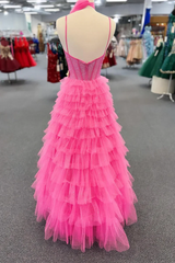 Hot Pink Tulle A-Line Spaghetti Straps Tiered Ruffles Prom Dress