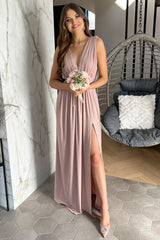 Dusty Pink Plunge V A-Line Long Gown with Slit